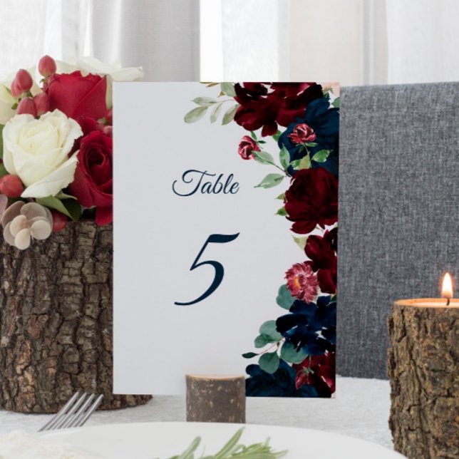 Tarjeta De Mesa Elegante Burgundy & Navy Flowers Table 5 Boda (Subido por el creador)