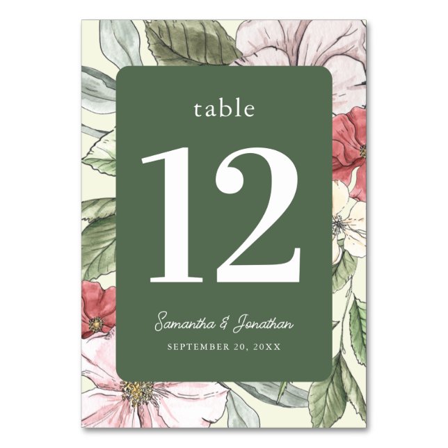 Tarjeta De Mesa Elegante caída verde azulada y rosa floral (Anverso)