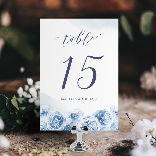 Tarjeta De Mesa Elegante caligrafía azul acuarela boda floral (Elegant calligraphy blue watercolor floral wedding table number)