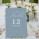Tarjeta De Mesa Elegante caligrafía Boda azul turbio<br><div class="desc">Tarjeta de número de tabla Dusty Blue boda con caligrafía elegante y número editable. Diseño minimalista sencillo y moderno que se adapta a los colores bodas. La tabla está escrita a mano y la plantilla está lista para editar el número de tabla. En mi colección de Bodas Colors se pueden...</div>