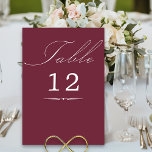 Tarjeta De Mesa Elegante caligrafía Boda de Borgoña<br><div class="desc">Tarjeta de número de tabla boda de Borgoña con caligrafía elegante y número editable. Diseño minimalista sencillo y moderno que se adapta a los colores bodas. La tabla está escrita a mano y la plantilla está lista para editar el número de tabla. En mi colección de Bodas Colors se pueden...</div>