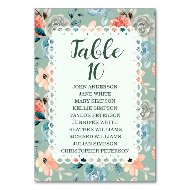 Tarjeta De Mesa Elegante caligrafía de matrimonio Sage Green Flora (Anverso)