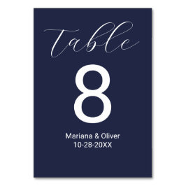 Tarjeta De Mesa Elegante caligrafía guión Boda azul de la Marina