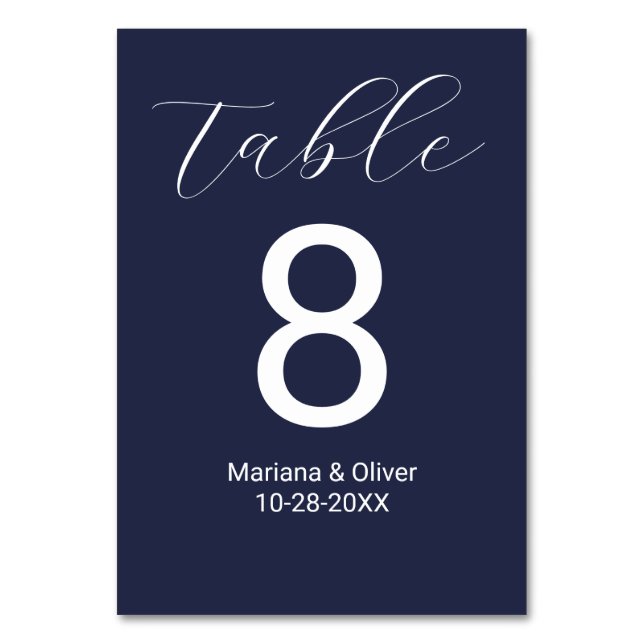 Tarjeta De Mesa Elegante caligrafía guión Boda azul de la Marina (Anverso)