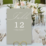 Tarjeta De Mesa Elegante caligrafía Sage Green Boda<br><div class="desc">Tarjeta de número de tabla del boda verde sabio con caligrafía elegante y número editable. Diseño minimalista sencillo y moderno que se adapta a los colores bodas. La tabla está escrita a mano y la plantilla está lista para editar el número de tabla. En mi colección de Bodas Colors se...</div>