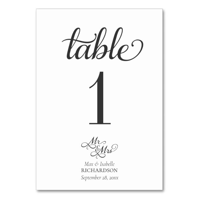 Tarjeta De Mesa Elegante caligrafía Sr. y Sra. Boda (Anverso)