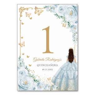 Tarjeta De Mesa Elegante Chic Azul Bebé Quinceañera de Oro