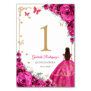 Tarjeta De Mesa Elegante Chic Rosa Fucsia Rosas Quinceañera
