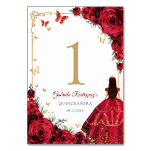 Tarjeta De Mesa Elegante Chic Rosas Rojas Quinceañera de Oro