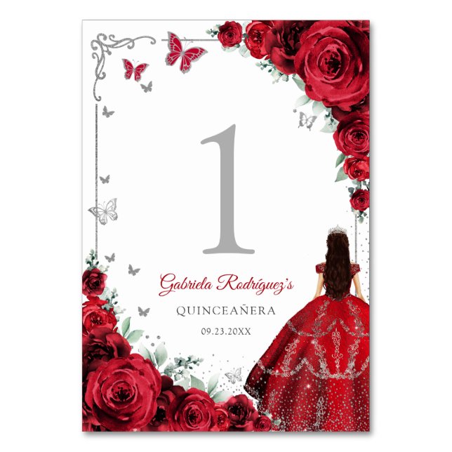 Tarjeta De Mesa Elegante Chic Rosas Rojas Quinceañera Plata (Anverso)