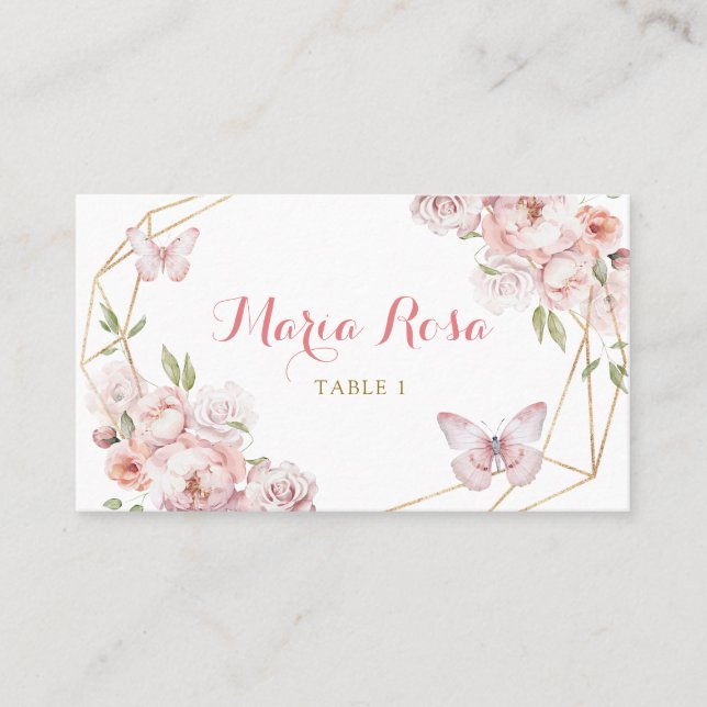 Tarjeta De Mesa Elegante Chica floral rosa dorado Quinceañera (Anverso)