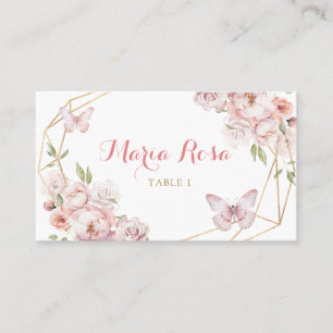 Tarjeta De Mesa Elegante Chica floral rosa dorado Quinceañera