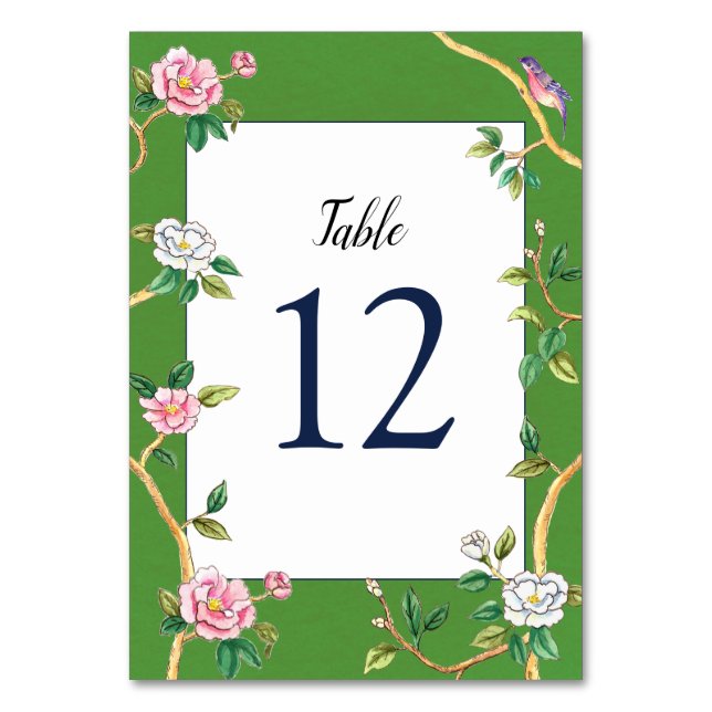 Tarjeta De Mesa Elegante Chinoiserie Floral Verde y Blanco (Anverso)
