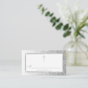 Tarjeta De Mesa Elegante Confirmación De Purpurina Plata O Bautism