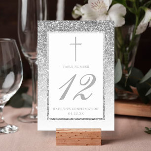 Tarjeta De Mesa Elegante Confirmación De Purpurina Plata O Bautism
