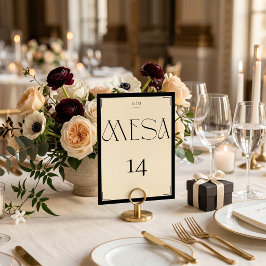 Tarjeta De Mesa Elegante Crema Negra Española Monograma Numero Mes