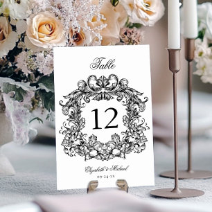 Tarjeta De Mesa Elegante Cresta Vintage Negra Blanca Boda