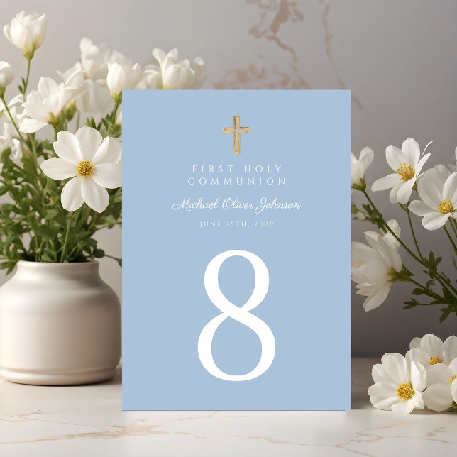 Tarjeta De Mesa Elegante Cruz Religiosa Azul Niño Primera Comunión (Elegant Blue Religious Cross Boy First Communion Table Number)