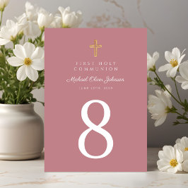 Tarjeta De Mesa Elegante cruz religiosa rosa Chica primera comunió
