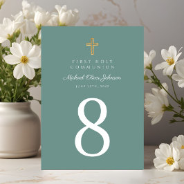 Tarjeta De Mesa Elegante cruz religiosa verde primera comunión