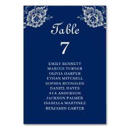 Tarjeta De Mesa Elegante encaje floral sobre Boda azul de la marin