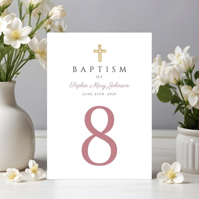 Tarjeta De Mesa Elegante escritura rosada bautismo religioso cruza (Religious Cross Pink Girl Baptism Table Number)
