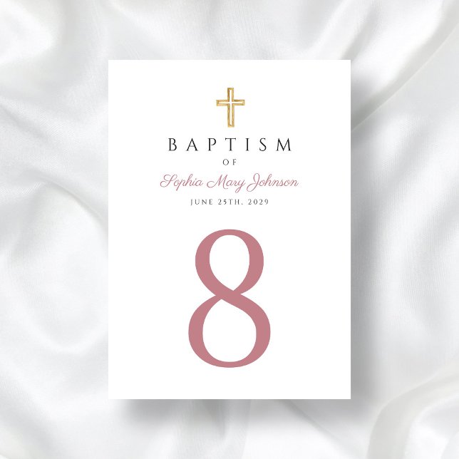 Tarjeta De Mesa Elegante escritura rosada bautismo religioso cruza (Religious Cross Pink Girl Baptism Table Number)