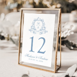 Tarjeta De Mesa Elegante Escudo Floral Azul Monograma Boda