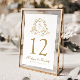 Tarjeta De Mesa Elegante Escudo floral dorado Monograma Boda