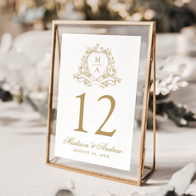 Tarjeta De Mesa Elegante Escudo floral dorado Monograma Boda (Subido por el creador)