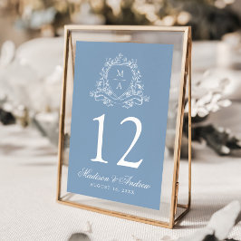 Tarjeta De Mesa Elegante Escudo floral Monograma Boda azul