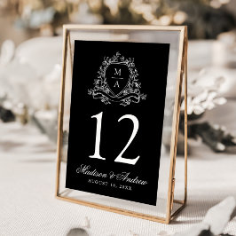 Tarjeta De Mesa Elegante Escudo floral Monograma Boda negro