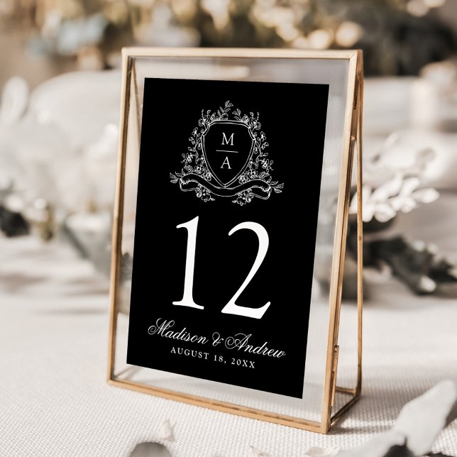 Tarjeta De Mesa Elegante Escudo floral Monograma Boda negro (Subido por el creador)