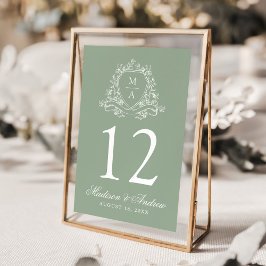 Tarjeta De Mesa Elegante Escudo floral Monograma Sage Green Boda