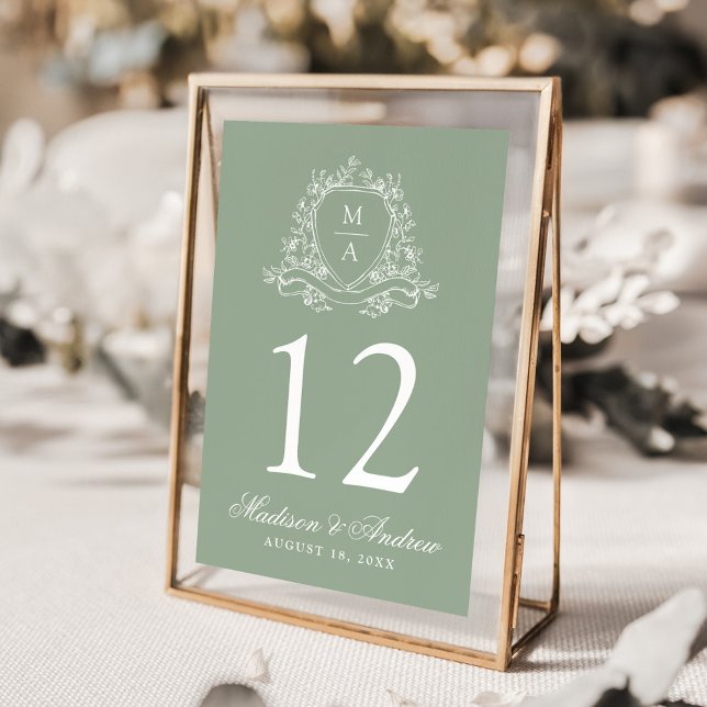 Tarjeta De Mesa Elegante Escudo floral Monograma Sage Green Boda (Subido por el creador)