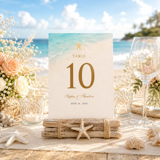 Tarjeta De Mesa Elegante Estrella de Mar Boda Océano Azul
