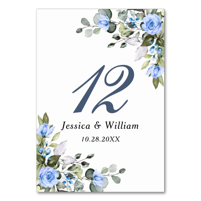 Tarjeta De Mesa Elegante Eucalyptus Rosas Azules Boda Floral (Anverso)