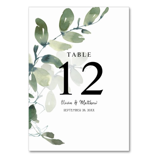 Tarjeta De Mesa Elegante Eucalyptus Watercolor Boda (Anverso)