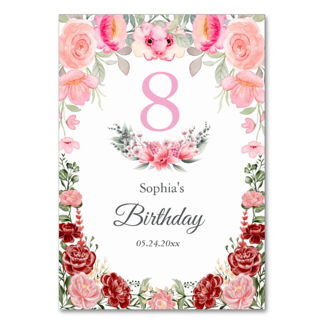 Tarjeta De Mesa Elegante fiesta de cumpleaños floral (Anverso)