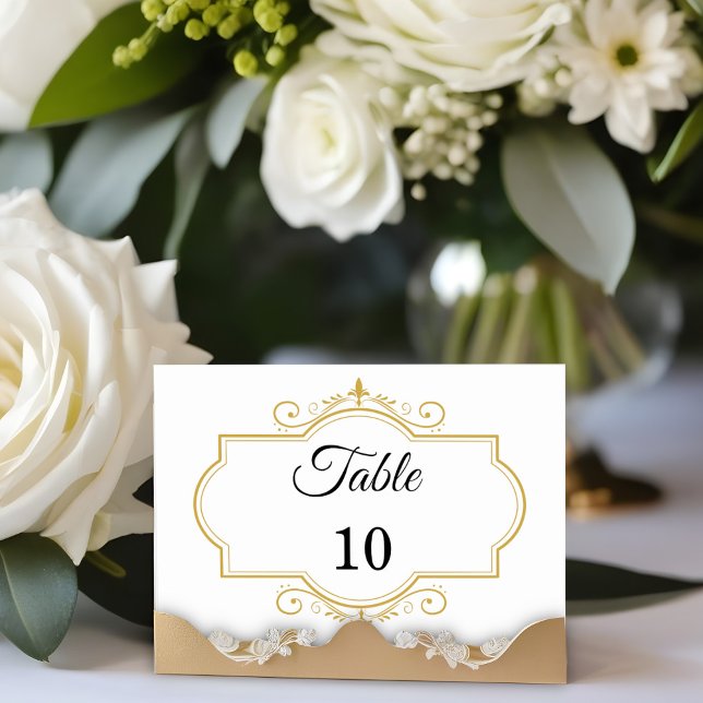 Tarjeta De Mesa Elegante filigrí dorado sobre blanco, Boda (Subido por el creador)