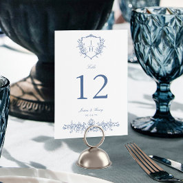 Tarjeta De Mesa Elegante Floral Crest Regencia Azul Boda 