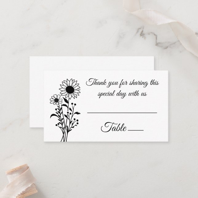 Tarjeta De Mesa Elegante floral girasoles Boda blanco negro (Anverso/Reverso In Situ)