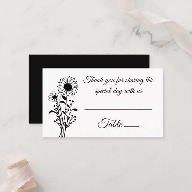 Tarjeta De Mesa Elegante floral girasoles Boda blanco negro (Anverso/Reverso In Situ)