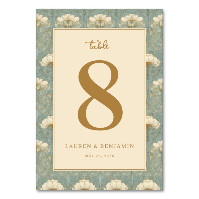 Tarjeta De Mesa Elegante Floral Turquesa Número Ocho (Anverso)
