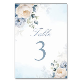 Tarjeta De Mesa Elegante Flores Azul Polvoriento, Boda Floral