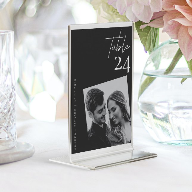 Tarjeta De Mesa Elegante foto de Boda blanco y negro con clase (Black & White Wedding Modern Romantic Photo  Table Number)