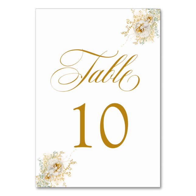 Tarjeta De Mesa Elegante Gold Script Boda Floral Número de tabla 1 (Anverso)