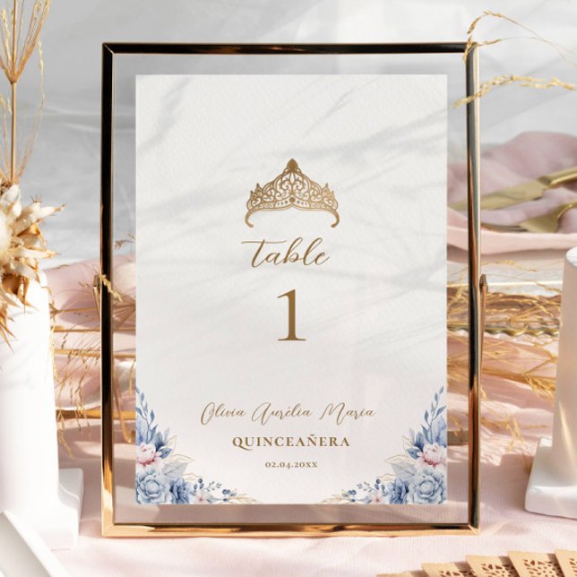 Tarjeta De Mesa Elegante Gold Tiara Blue Floral Quinceañera (Subido por el creador)