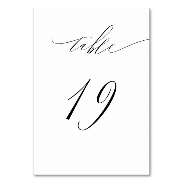 Tarjeta De Mesa Elegante Guión blanco negro moderno No 19 Boda (Anverso)