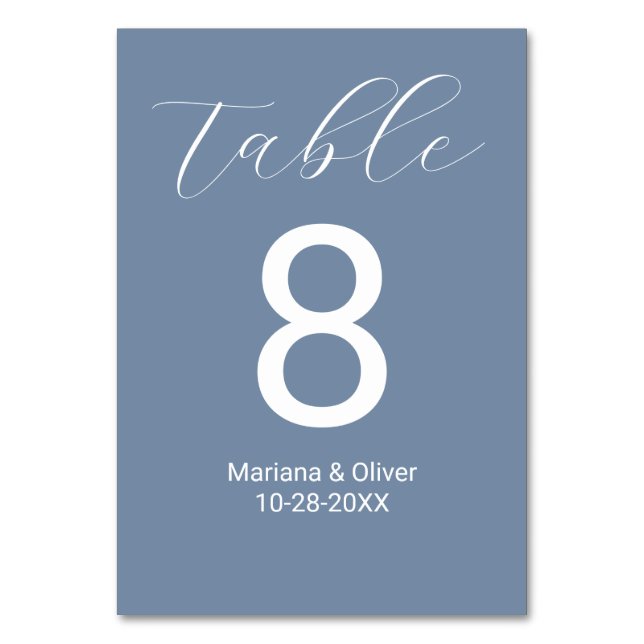 Tarjeta De Mesa Elegante guión Boda azul turbio (Anverso)